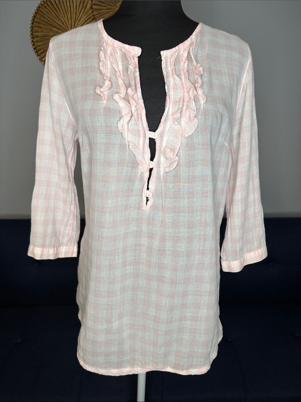 Mason De Bonneterie Light Pink Gingham Print Ruffle Trim Women’s Tunic Top Large